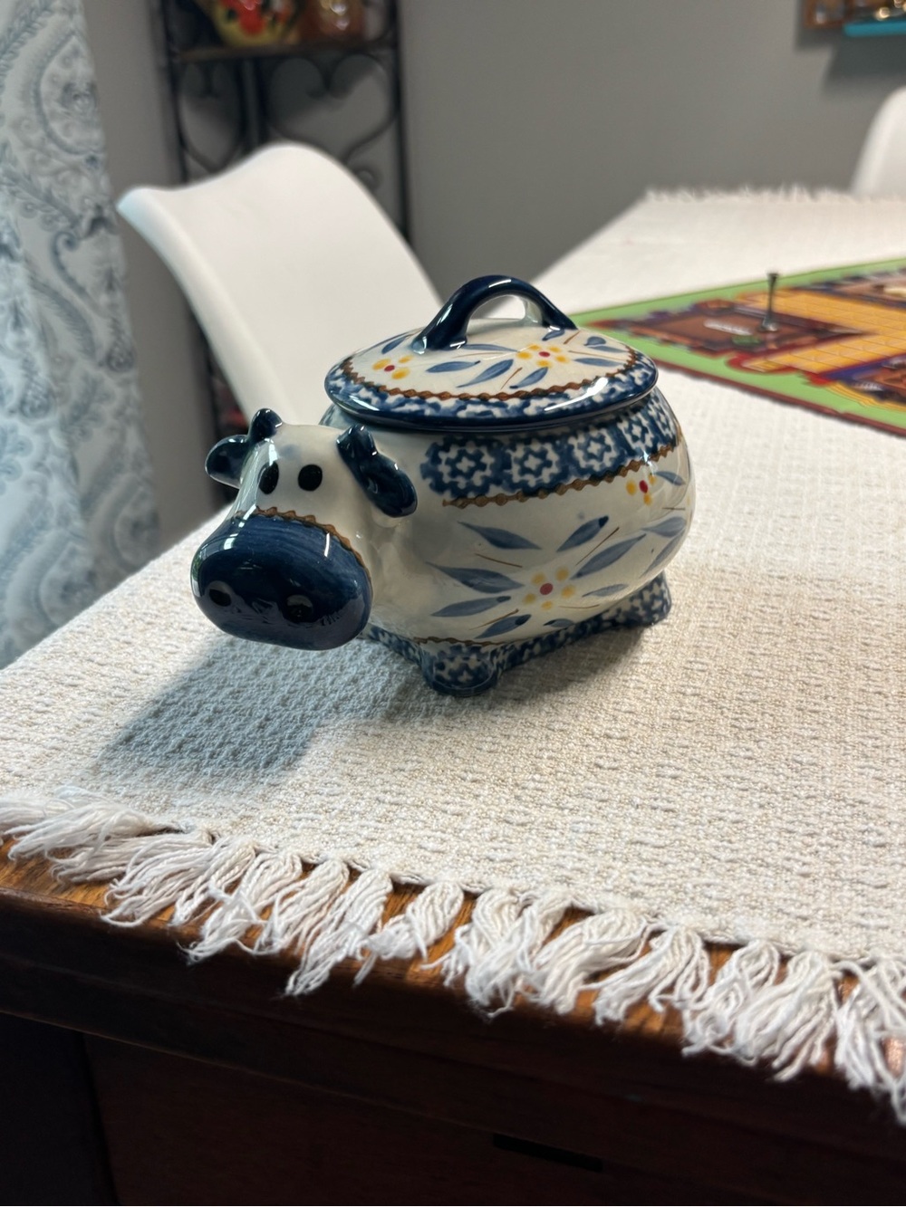Temptations Blue and White Painted Ceramic Cow Sugar Jar